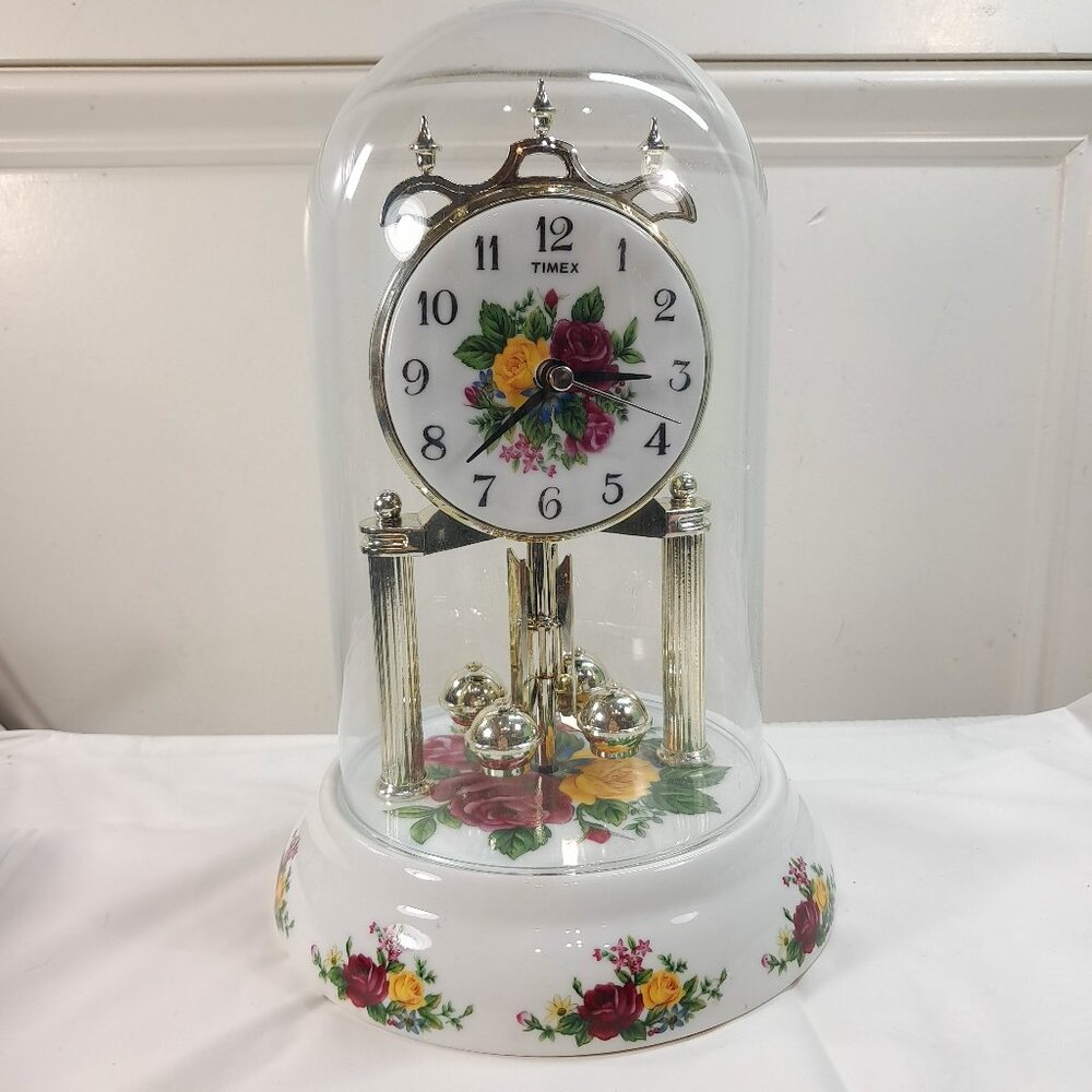 Timex Country‎ Rose Anniversary Clock Glass Globe Mantle flowers floral READ
